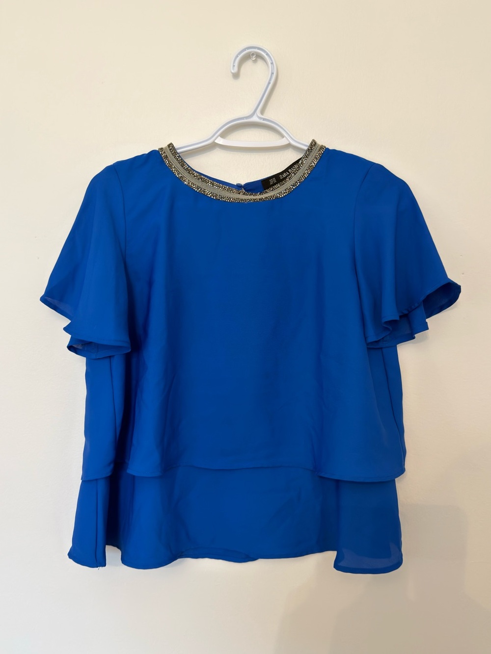 Zara Cobalt Blue Layered Blouse with Embellished Neckline